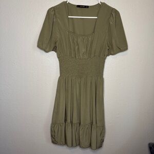 Hesperus Square Neck Milk Maid Style Lined Dress Olive Green Puff Sleeves